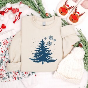 Minimalist Blue Christmas Tree Sweatshirt, Snowflake Winter Crewneck, Winter Snowflake Hoodie, Festive Winter Pullover, Sweatshirt for Women image 10
