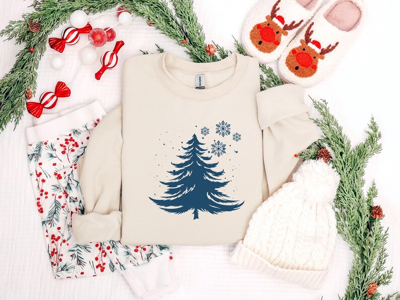 Minimalist Blue Christmas Tree Sweatshirt, Snowflake Winter Crewneck, Winter Snowflake Hoodie, Festive Winter Pullover, Sweatshirt for Women image 10