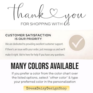 The image is a thank you message from Dream Daisy Design Shop, expressing their commitment to customer satisfaction and providing excellent support. It includes a color chart and a list of available colors, along with instructions for selecting a preferred color and typing it into the customization process.