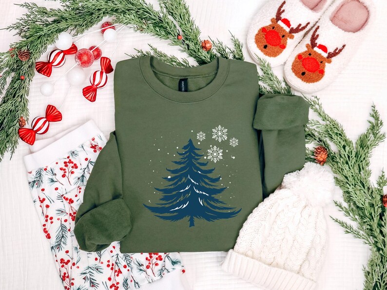 Minimalist Blue Christmas Tree Sweatshirt, Snowflake Winter Crewneck, Winter Snowflake Hoodie, Festive Winter Pullover, Sweatshirt for Women image 8