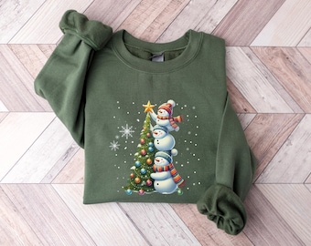 Snowman Christmas Tree Sweatshirt Hoodie, Cute Winter Snowman Christmas Crewneck, Cozy Holiday Snowman Sweater