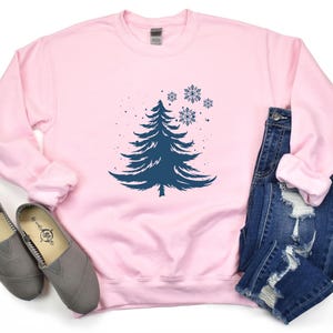 Minimalist Blue Christmas Tree Sweatshirt, Snowflake Winter Crewneck, Winter Snowflake Hoodie, Festive Winter Pullover, Sweatshirt for Women image 4