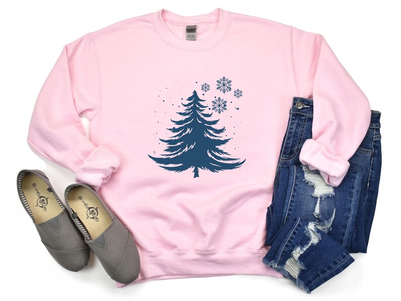 Minimalist Blue Christmas Tree Sweatshirt, Snowflake Winter Crewneck, Winter Snowflake Hoodie, Festive Winter Pullover, Sweatshirt for Women image 4