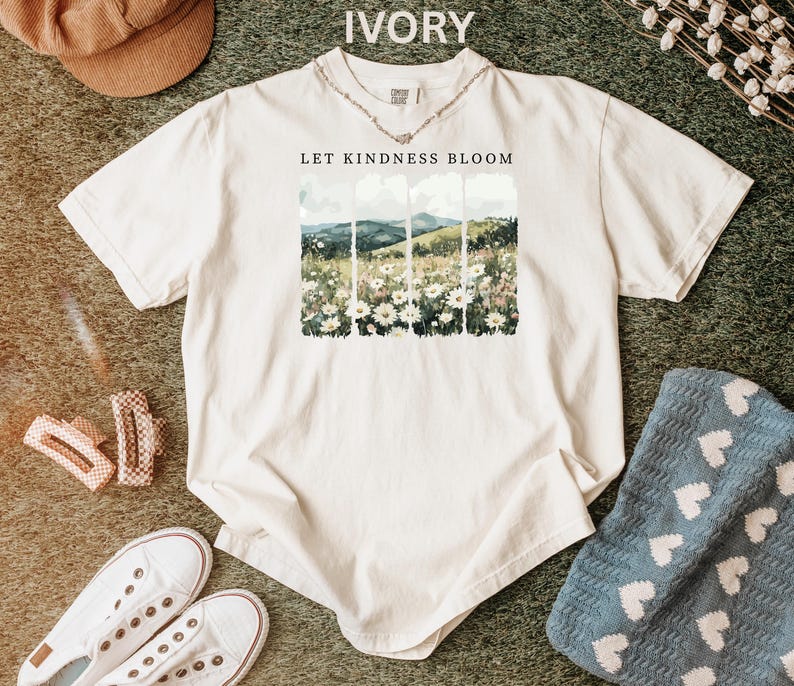 Camiseta Comfort Colors Let Kindness Bloom, camiseta retro de flores silvestres, camiseta inspiradora de bondad, camiseta floral de primavera con mensaje positivo para mujer. imagen 13