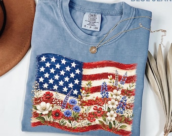 Comfort Colors Floral Brushstroke USA Flag Shirt, Patriotic Wildflower America Shirt For Women Youth, 4th Of July Shirt, Boho USA Flag Shirt