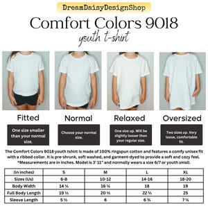 May include: A white Comfort Colors 9018 youth t-shirt size chart displaying four fit styles: fitted, normal, relaxed, and oversized. The image includes a table with measurements in inches for sizes S, M, L, and XL, detailing body width, length, and sleeve length.