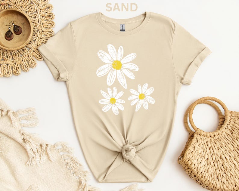 Daisy Shirt, Boho Floral Graphic Tee, Retro Aesthetic Flower Shirt, Spring Flower Trendy Summer Three Daisy Shirt for Women and Youth Girl image 7