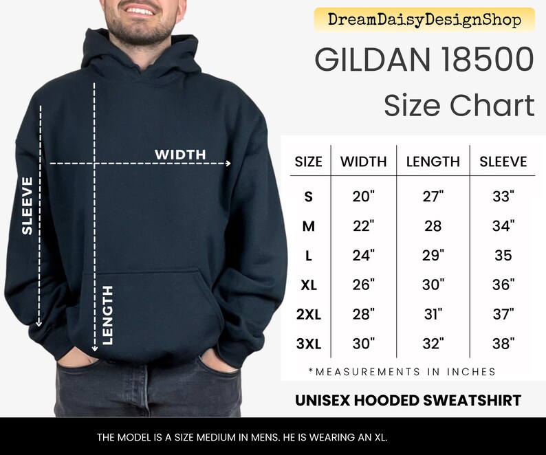 The image is a size chart for a GILDA 18500 hooded sweatshirt, which is a medium-sized men's hooded sweatshirt. The chart provides measurements for the width, sleeve length, and length of the sweatshirt in inches. The model is described as a size medium in men, and he is wearing an XL size. The image is a collage of multiple images, and the text is concise and avoids redundancy.