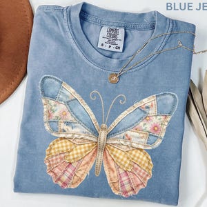 Comfort Colors Faux Patchwork Butterfly Shirt Spring Wildflower Aesthetic Graphic Tee Adult And Youth Matching Boho Vintage Shirts for Women