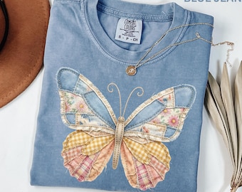 Comfort Colors Faux Patchwork Butterfly Shirt Spring Wildflower Aesthetic Graphic Tee Adult And Youth Matching Boho Vintage Shirts for Women