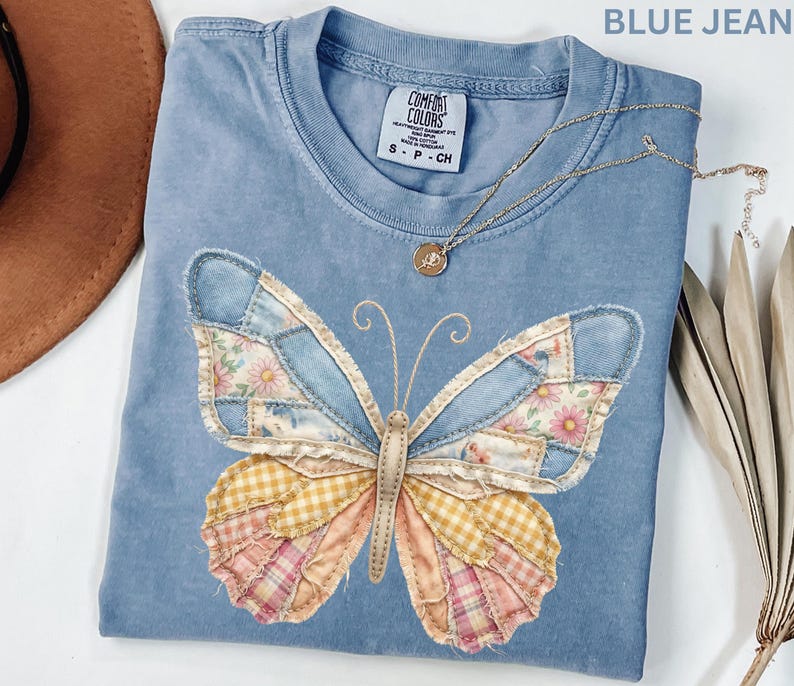 Comfort Colors Faux Patchwork Butterfly Shirt Spring Wildflower Aesthetic Graphic Tee Adult And Youth Matching Boho Vintage Shirts for Women image 1