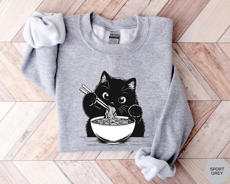 Funny Cat Ramen Sweatshirt Hoodie, Cozy Kawaii Cat Lover Gift, Cute Noodle Cat Sweatshirt, Kawaii Japanese Anime Cat Shirt, Cat Lover Gift afbeelding 4