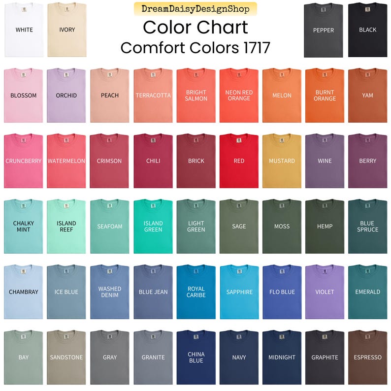 The image is a color chart displaying various comfort colors, including white, black, orange, red, yellow, green, blue, purple, and pink. The chart is organized into rows and columns, with each color listed in a specific row and column. The chart is designed to help customers choose the most comfortable color for their clothing or accessories.