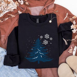 Minimalist Blue Christmas Tree Sweatshirt, Snowflake Winter Crewneck, Winter Snowflake Hoodie, Festive Winter Pullover, Sweatshirt for Women image 9