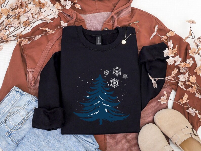 Minimalist Blue Christmas Tree Sweatshirt, Snowflake Winter Crewneck, Winter Snowflake Hoodie, Festive Winter Pullover, Sweatshirt for Women image 9