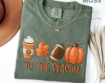 Comfort Colors Tis The Season Shirt, Fall Football Coffee Pumpkin Leaf Tee, Game Day Autumn Season Shirt, Cozy Fall Football Season Shirt