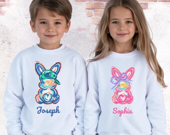 Custom Name Easter Toddler Sweatshirt, Personalized Bunny Design, Spring Kids Pullover, Boys Girls Easter Outfit, Cozy Holiday Easter Shirt