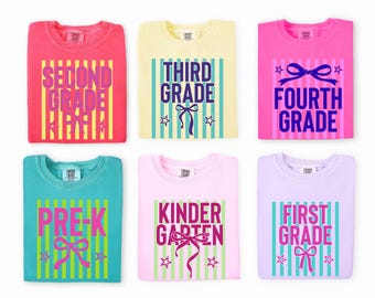 Comfort Colors Grade Teacher Shirt, Back To School Striped Bow Tee, First Day of School Shirt, Kindergarten PreK 1st 2nd 3rd 4th Grade Shirt