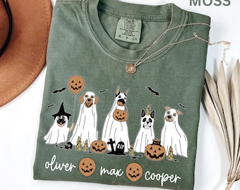 Comfort Colors Personalized Dog Name Ghost Halloween Shirt, Custom Dog Name Shirt, Halloween Dog Lover Gift, Ghost Dog Mom Shirt for Women