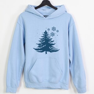 Minimalist Blue Christmas Tree Sweatshirt, Snowflake Winter Crewneck, Winter Snowflake Hoodie, Festive Winter Pullover, Sweatshirt for Women image 2