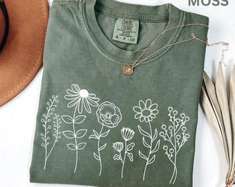 Comfort Colors Wildflower Shirt Minimal Floral Line Art Shirt Boho Cottagecore Flower Graphic Tee Botanical Spring Summer Shirt for Women