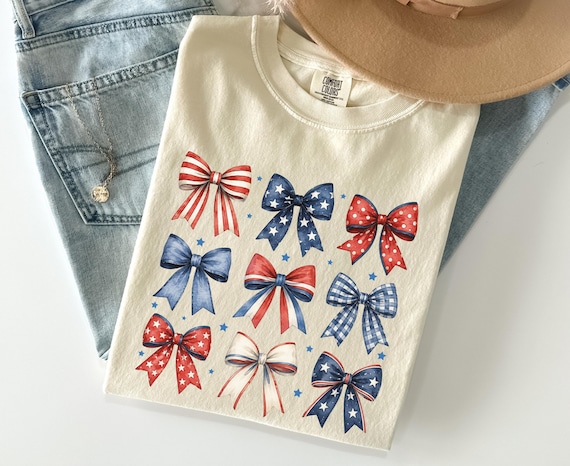 Comfort Colors Patriotic Bow Shirt Coquette Fourth Of July Shirt America Bow Shirt USA Flag Bow Tee Independence Day Shirt for Women Youth