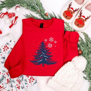 Minimalist Blue Christmas Tree Sweatshirt, Snowflake Winter Crewneck, Winter Snowflake Hoodie, Festive Winter Pullover, Sweatshirt for Women image 5