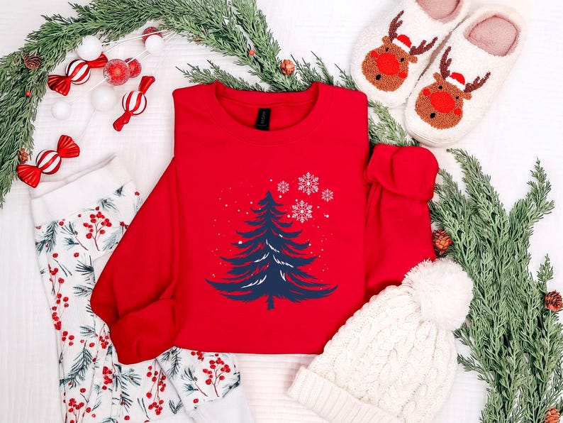 Minimalist Blue Christmas Tree Sweatshirt, Snowflake Winter Crewneck, Winter Snowflake Hoodie, Festive Winter Pullover, Sweatshirt for Women image 5