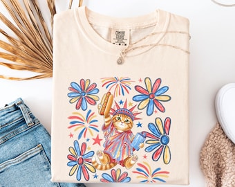 Comfort Colors Funny Patriotic Cat Shirt Fourth Of July Cat Tee Statue Of Liberty Hot Dog Shirt Daisy USA 250 Anniversary Youth Adult Shirt