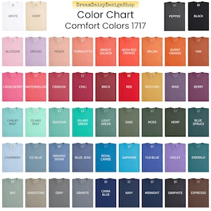 The image is a color chart displaying various comfort colors, including white, black, orange, red, yellow, green, blue, purple, and pink. The chart is organized into rows and columns, with each color listed in a specific row and column. The chart is designed to help customers choose the most comfortable color for their clothing or accessories.