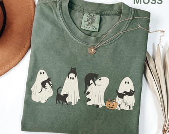 Comfort Colors Black Cat Ghost Shirt, Halloween Ghost Shirt, Cute Cat Halloween Tee, Spooky Season Shirt Trick Or Treat Ghost Cat Gift Shirt