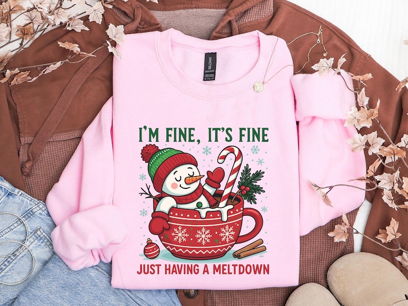 Im Fine Its Fine Sweatshirt, Funny Snowman Meltdown Hoodie, Sarcastic Christmas Crewneck, Cozy Winter Shirt, Everything Is Fine Holiday Gift immagine 6
