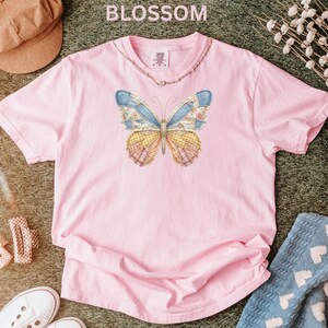 Comfort Colors Faux Patchwork Butterfly Shirt Spring Wildflower Aesthetic Graphic Tee Adult And Youth Matching Boho Vintage Shirts for Women image 2