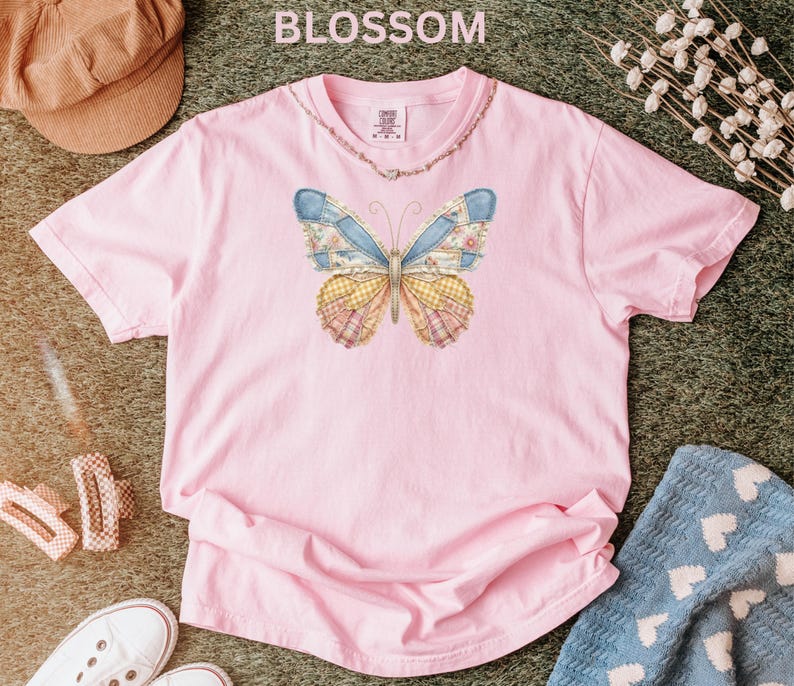 Comfort Colors Faux Patchwork Butterfly Shirt Spring Wildflower Aesthetic Graphic Tee Adult And Youth Matching Boho Vintage Shirts for Women image 2