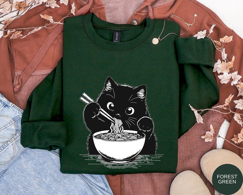 Funny Cat Ramen Sweatshirt Hoodie, Cozy Kawaii Cat Lover Gift, Cute Noodle Cat Sweatshirt, Kawaii Japanese Anime Cat Shirt, Cat Lover Gift afbeelding 8
