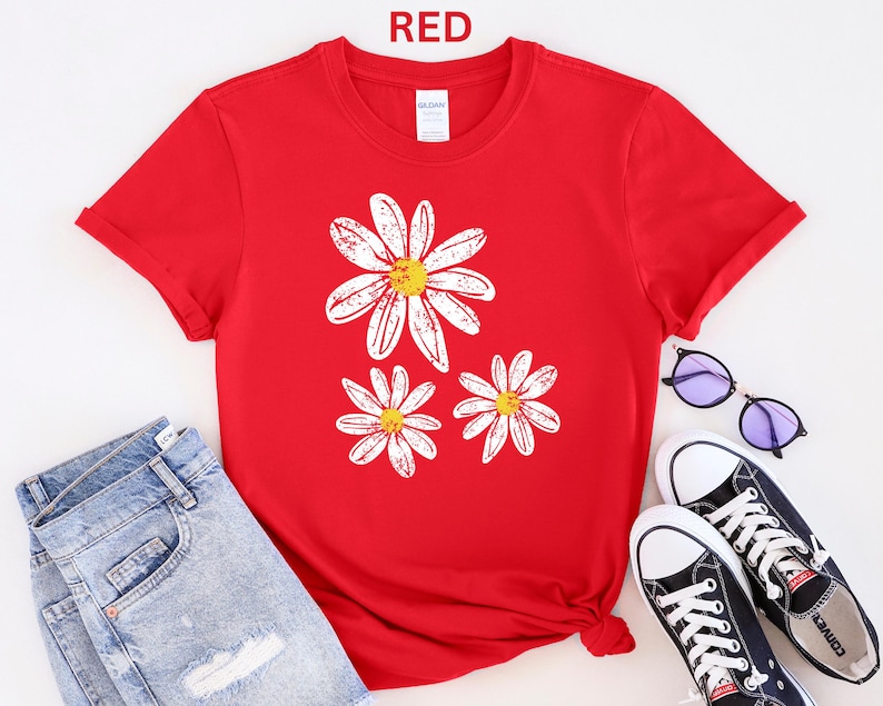 Daisy Shirt, Boho Floral Graphic Tee, Retro Aesthetic Flower Shirt, Spring Flower Trendy Summer Three Daisy Shirt for Women and Youth Girl image 2