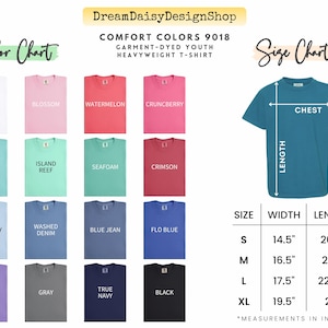 The image is a color chart and size chart for a t-shirt design, displaying various color options and corresponding measurements for different sizes.