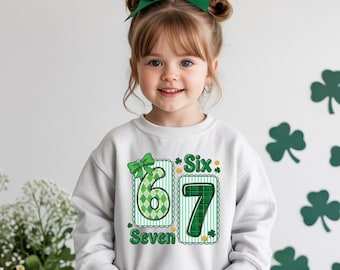 Funny 6 7 Meme Toddler Girl Sweatshirt St Patricks Day Gift Girls Shamrock Bow Clover Gift Outfit, Trendy Sweatshirt for Kids
