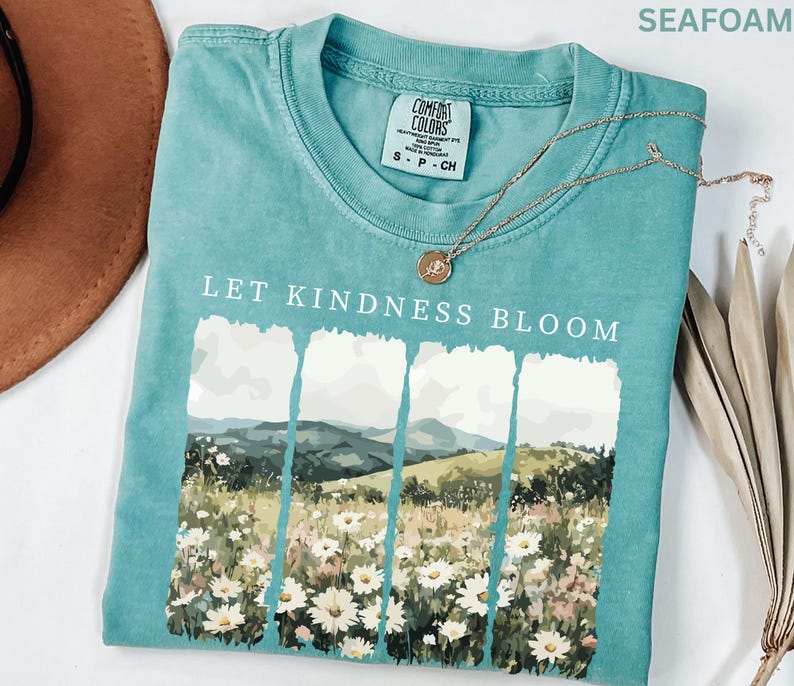 Camiseta Comfort Colors Let Kindness Bloom, camiseta retro de flores silvestres, camiseta inspiradora de bondad, camiseta floral de primavera con mensaje positivo para mujer. imagen 3
