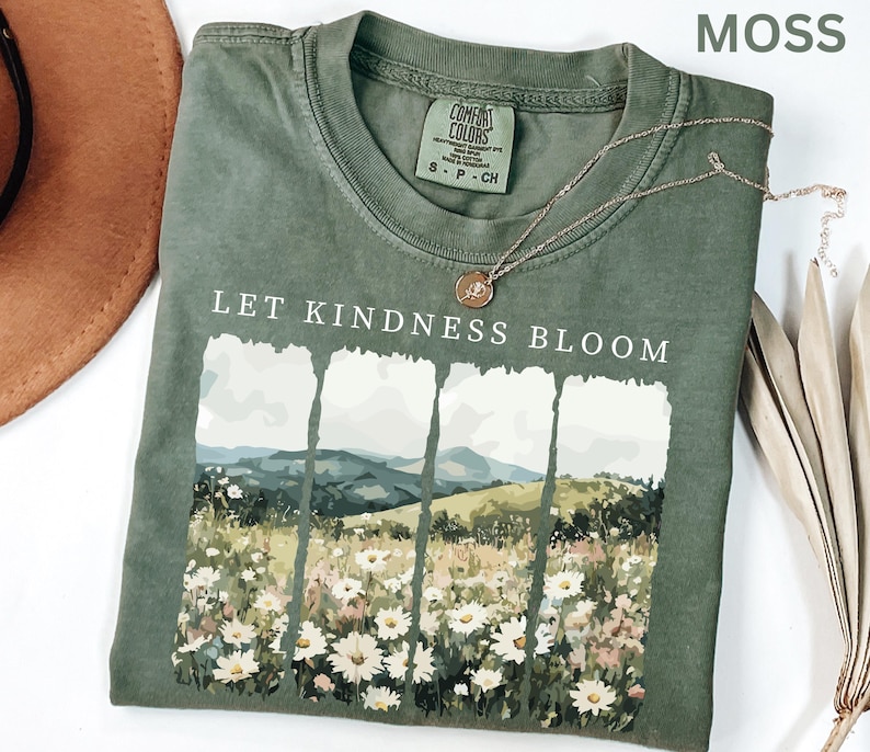 Camiseta Comfort Colors Let Kindness Bloom, camiseta retro de flores silvestres, camiseta inspiradora de bondad, camiseta floral de primavera con mensaje positivo para mujer. imagen 1