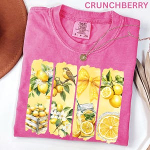 May include: A pink t-shirt with a lemon-themed graphic. The graphic features yellow lemons, a bird, a bow, and a mason jar with lemons. The shirt has a crew neck and short sleeves. The word "CRUNCHBERRY" is printed at the top.