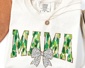 Comfort Colors Lucky Mama Shirt With Green Bow, St Patrick Day Mama Gift, Irish Mom Clover Shirt