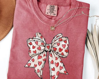 Comfort Colors Coquette Red Heart Bow Shirt Women Bow Tee Summer Aesthetic Shirt Girly Graphic Tee Trendy Pink Bow Shirt Gift For Her 4XL