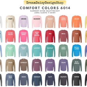 a collection of various long sleeve t-shirt designs in different colors, including white, ivory, orchid, blossom, peach, terracotta, melon, butter, chambray, watermelon, crunch, red, brick, yam, mustard, water, island, reef, lavender, mint, lagoon, sea foam, light green, royal carrot, flo blue, sand, kaki, espresso, berry, violet, grape, blue sprig, hemp, blue, purple, blue sprig, black, and gray.