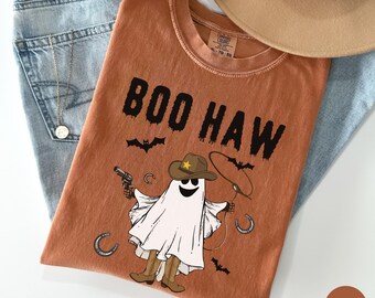 Comfort Colors Boo Haw Ghost Shirt, Western Halloween Shirt, Cowboy Ghost Tee, Retro Fall Halloween Shirt, Cowgirl Halloween Party Gift Tee