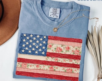 Comfort Colors Floral Brushstroke USA Flag Shirt Fourth Of July Shirt Patriotic Shirt Coquette USA Shirt American Flag Shirt for Women Youth