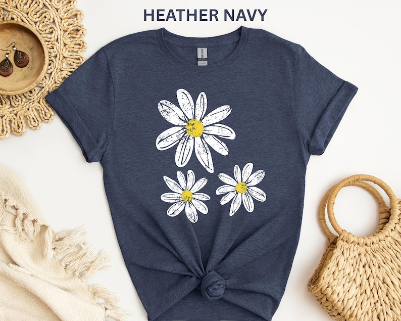 Daisy Shirt, Boho Floral Graphic Tee, Retro Aesthetic Flower Shirt, Spring Flower Trendy Summer Three Daisy Shirt for Women and Youth Girl image 13