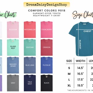 The image is a color chart and size chart for a t-shirt design, displaying various color options and corresponding measurements for different sizes.