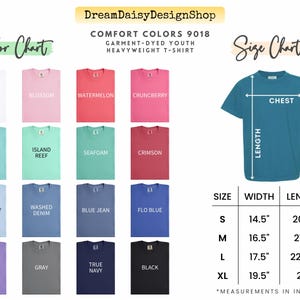 The image is a color chart and size chart for a t-shirt design, displaying various color options and corresponding measurements for different sizes.