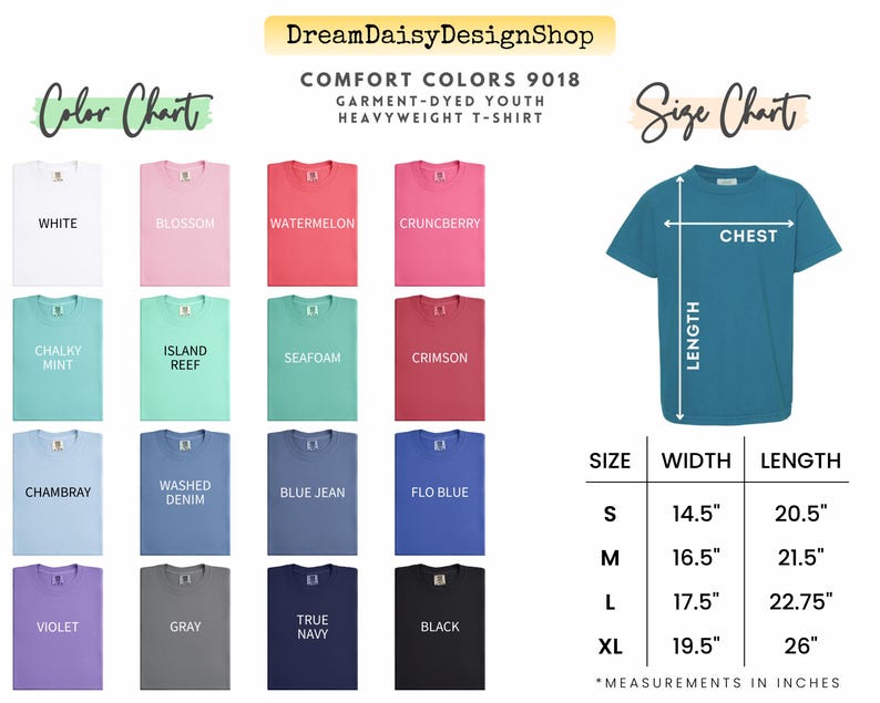 The image is a color chart and size chart for a t-shirt design, displaying various color options and corresponding measurements for different sizes.